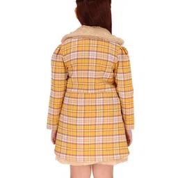 Cutecumber Fur Detailed Dress With Full Sleeves Checked Long Jacket - Yellow image 3