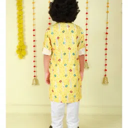 Ministitch Cotton Woven Full Sleeves Bandhani Printed Kurta Pyjama Set - Yellow image 3