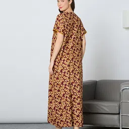 MomToBe Cotton Blend Half Sleeves Floral Printed Maternity Nighty With Side Seem Nursing Access - Claret Wine image 3