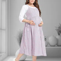 MomsBae Women Checked Shoulder Straps Maternity Pinafore Dress-picture-30