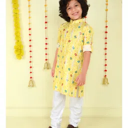 Ministitch Cotton Woven Full Sleeves Bandhani Printed Kurta Pyjama Set - Yellow image 4