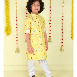 Ministitch Cotton Woven Full Sleeves Bandhani Printed Kurta Pyjama Set - Yellow image 5