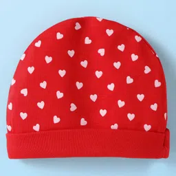 Babyhug 100% Cotton Interlock Knit Caps Heart & Tropical Print with Bow Applique Pack of 2 - Red & White image 5