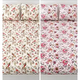 Runjhun White & Pink Floral Cotton 2 King Bedsheet with 4 Pillow Covers-image-7