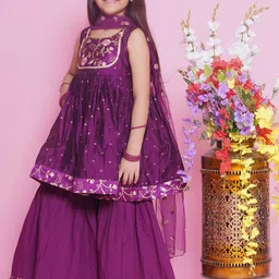 Little Bansi Girls Floral Embroidered Pure Silk Anarkali Kurta with Sharara & Dupatta image 5
