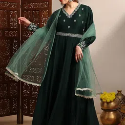 Globus Embroidered V-Neck Puff Sleeves A-Line Silk Maxi Ethnic Dress With Belt & Dupatta-image-60