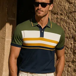 Dadu Dayal Men Striped Polo Collar Bio Finish Applique T-shirt-picture-35