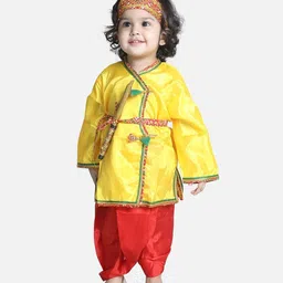BownBee Janmashtami Theme Full Sleeves Kanhaiya Suit With Basuri & Mukut With Band - Yellow & Red-picture-35