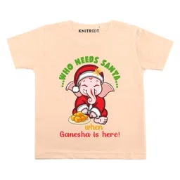 KNITROOT Half Sleeves Who Needs Santa Print Tee - Peach-picture-16