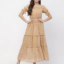DELIS Women Floral Printed Puff Sleeve Georgette Fit & Flare Midi Dress-picture-18