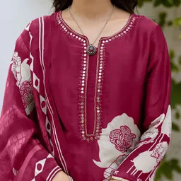 Anouk Pink and Grey Floral Printed Mirror Work Pure Cotton Kurta with Trouser & Dupatta image 3