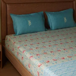 LIVSPACE Blue & Rust Ethnic Motifs 144 TC Bedsheet with 2 Pillow Covers image 2