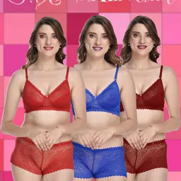 samvar Women Red,Blue,Maroon Cotton Bra Panty Set for Lingerie Set Undergarments Pack of 3-picture-34