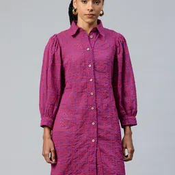 VARUSHKA Floral Embroidered Puff Sleeve Shirt Dress-picture-34
