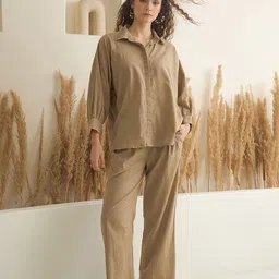 SANSKRUTIHOMES Women Beige Color Shirt Collar Solid Pure Cotton Co-Ords Set-image-15
