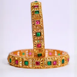 POSHIFY Set of 2 Gold-Plated Pure Brass Artificial Stones and Beads Bangles image 1