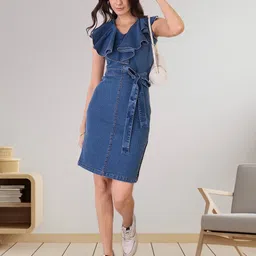 R.Code by The Roadster Life Co. Flutter Sleeve Ruffle Detail Denim Sheath Dress image 5