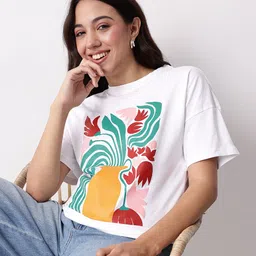 Mast & Harbour Graphic Printed Drop-Shoulder Sleeves Pure Cotton Casual T-shirt-picture-34