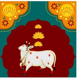 Backdropon Green & Yellow Holy Cow Kamdhenu Divine Pichwai Design Backdrop Festive Decor-picture-35