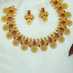 Diksha collection Brass-Plated Stone Studded Matte Finish Temple Jewellery Set-picture-46