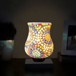 Aura White & Green Textured Bell Shaped Glass Table Lamp with Wooden Base image 3