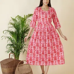 Pakiza Enterprises Women Ethnic Motifs Printed Cotton Maternity Fit & Flare Midi Dress-image-94