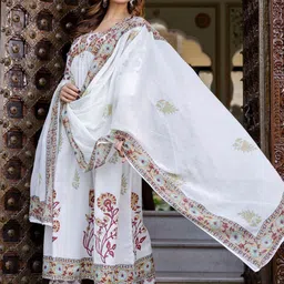 Indo Era Floral Printed Empire Pure Cotton A-Line Kurta With Trousers & Dupatta image 4