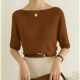 TRAQUILA Women Solid Boat Neck Casual T-shirt-image-99