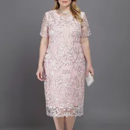 DressBerry Curve Pink Floral Emboridered Round Neck Sheath Mini Dress-image-56
