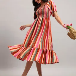 Jash Creation Women Multicolor Striped Puff Sleeve Crepe A-Line Midi Dress-image-12