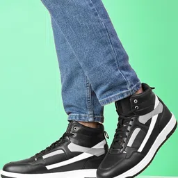 Roadster Men Black & White High-Top Solid With Design Stripes Sneakers-picture-25