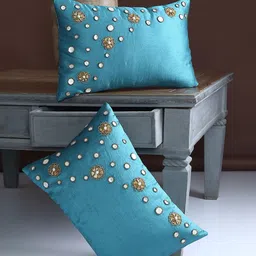 Alina decor Teal Set of 2 Self Design Rectangle Cushion Covers image 1