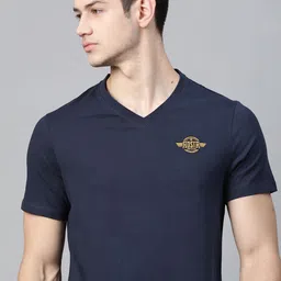 Roadster Men Navy Blue Brand Logo V-Neck Pure Cotton T-shirt-picture-26