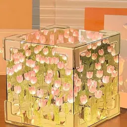 XERGY White & Pink Tulip Flower Square Shaped Table Lamp image 2