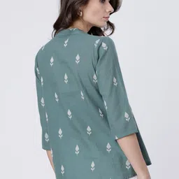 Vishudh Green Printed Mandarin Collar Pure Cotton Empire Top image 4