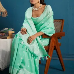 Elora Green Linen Woven Saree With Unstitched Blouse image 5