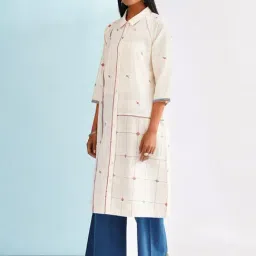 Jaypore Natural White Cotton Jamdani Printed Flared Fit Kurta image 3