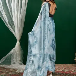 Satrani Blue Tie-Dye Saree With Unstitched Blouse image 5