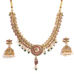 Panash Gold Plated Peacock Shaped Stone Studded & Beaded Jewellery Set image 5