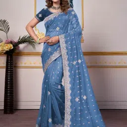 Saree Mall Blue Embellished Sarees With Unstitched Blouse-image-24