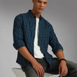 High Star Blue Cotton Regular Fit Checks Shirt-image-87