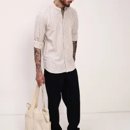 showoffff Showoff Cream Cotton Slim Fit Striped Shirt image 5