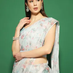 Saree Mall Turquoise Embellished Sarees With Unstitched Blouse image 5