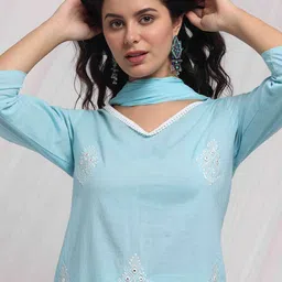 Anouk Women Ethnic Motifs Embroidered Regular Thread Work Pure Cotton Kurta with Trousers & With Dupatta image 2