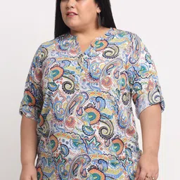 plusS Plus Size Off White & Blue Printed Mandarin Collar Roll-Up Sleeves Top-picture-24