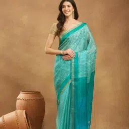 Fabindia Turquoise Silk Blend Hand Block Print Saree-image-20