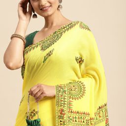 DESH BIDESH Yellow & Green Warli Pure Cotton Taant Saree-picture-38