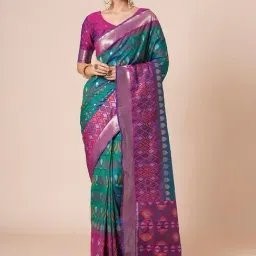 Saree Mall Teal blue Silk Self Saree with Blouse Piece-image-4