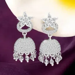 Peora Silver Plated Cubic Zirconia & Beads Studded Jhumki Earrings-image-55
