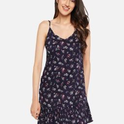 Hypernation Navy Rayon Floral Print Babydoll Night Dress-picture-32